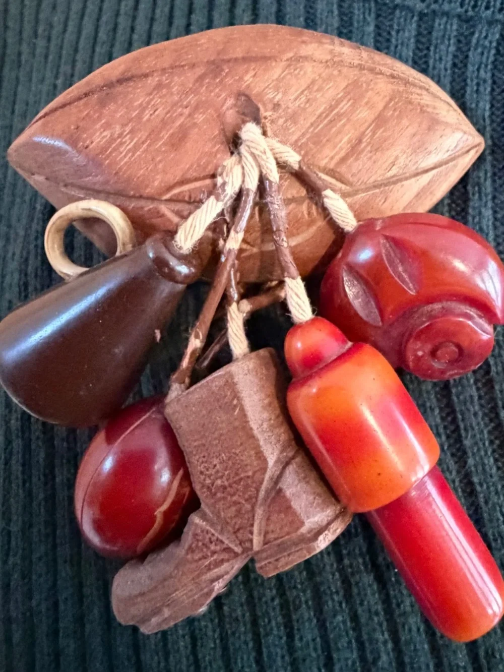 Rare Vintage 1940's Bakelite & Carved Wood Varsity Sports Figural Dangle Brooch